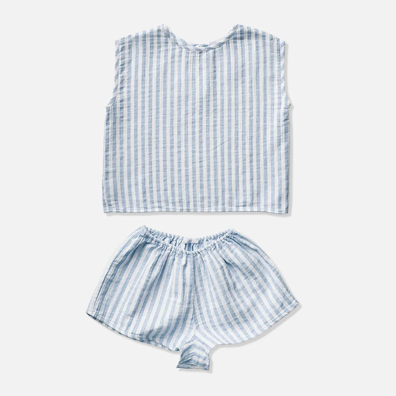 Classic Striped Sleeveless Girl's Suit 2024 Summer New Cotton Casual Mori Retro Children's Clothing Two Piece Sets