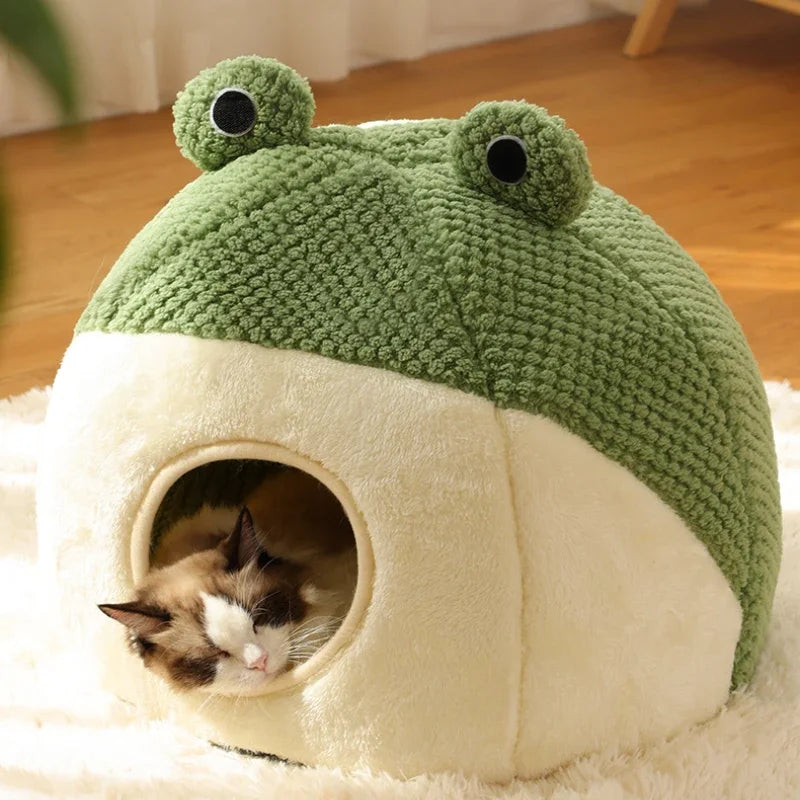 Plush Warm Green Cat Dog Beds Nesting Basket Frog Shape Cartoon Cat Kennel Beds Pet Accessories