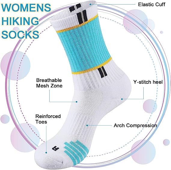 Womens Athletic Crew Socks Performance Cushioned Outdoor Hiking Moisture Wicking Socks (5 Pairs)