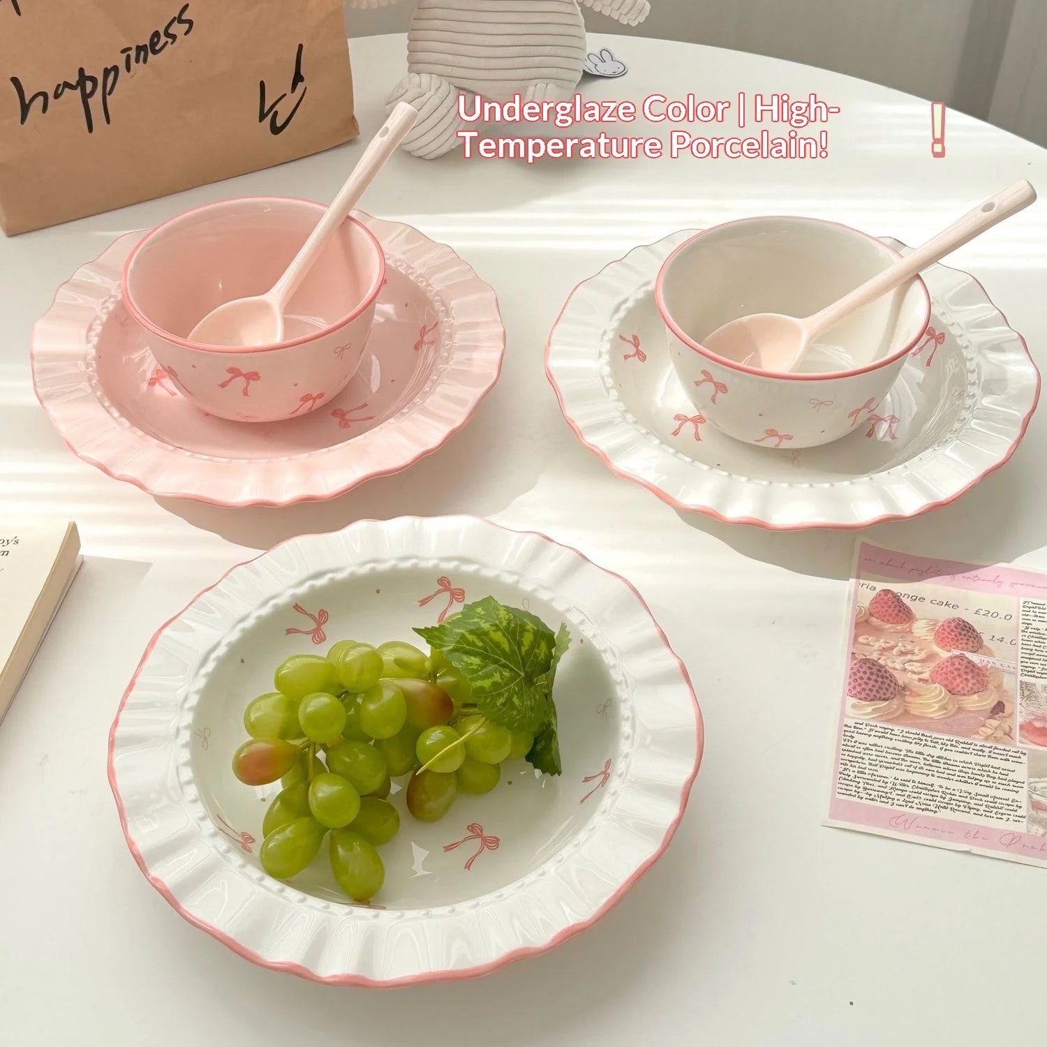 Aesthetic Bow Design Ceramic Tableware Set - Ruffled Edge Bowls & Plates with Underglaze Color Dessert Set Cute Dinnerware