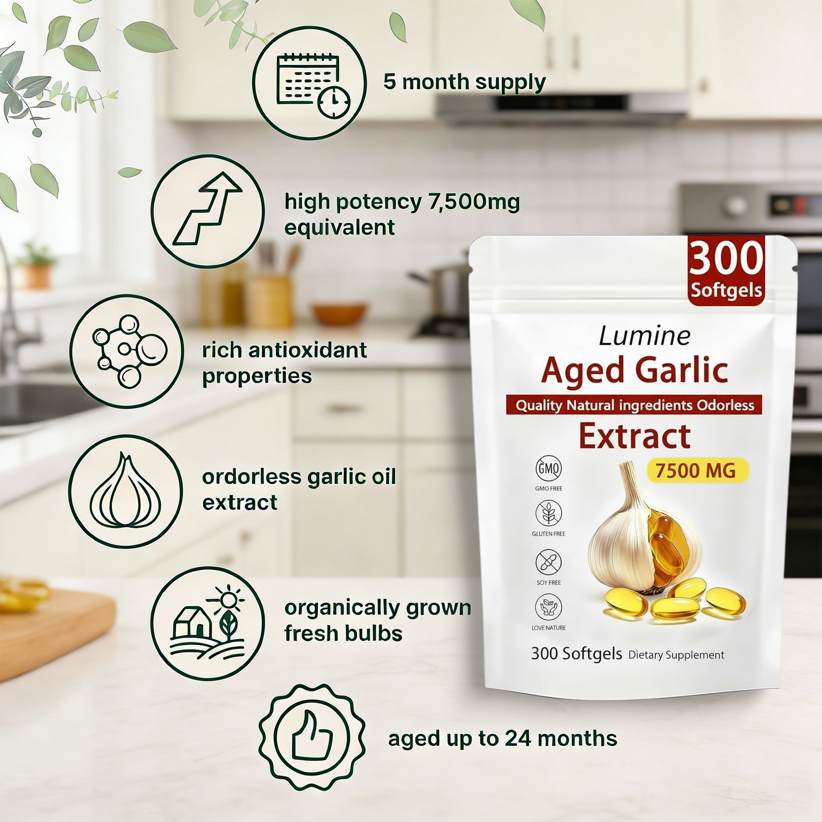 Lumine Organics Aged Garlic Extract Capsules 7500mg Odorless - 300 Count, 24 month Aged Garlic Extract Antioxidant Supplement,Vegetarian- 2026 New