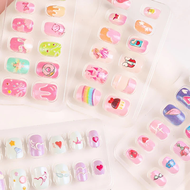 12pcs/Box Children Acrylic Fake Nails Safe Non-Toxic Adhesive Fake Nail DIY Artificial Fingernails for Girls Children's Day Gift