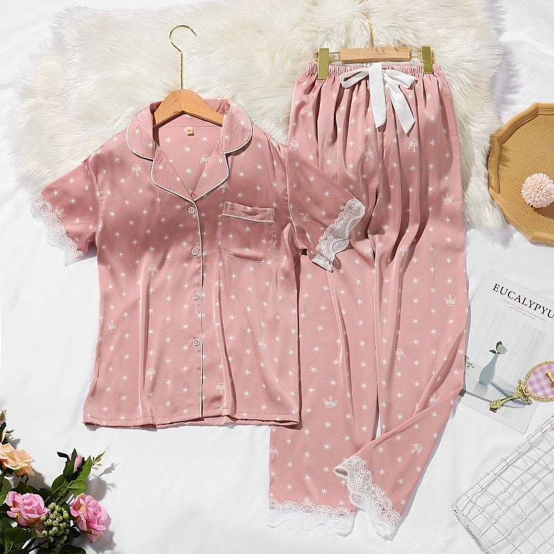 Srping New Crown Print Women Pyjamas Lace Sweet Short Sleeve Suit Pajamas Summer Satin Chiffon Soft Touch Sleepwear