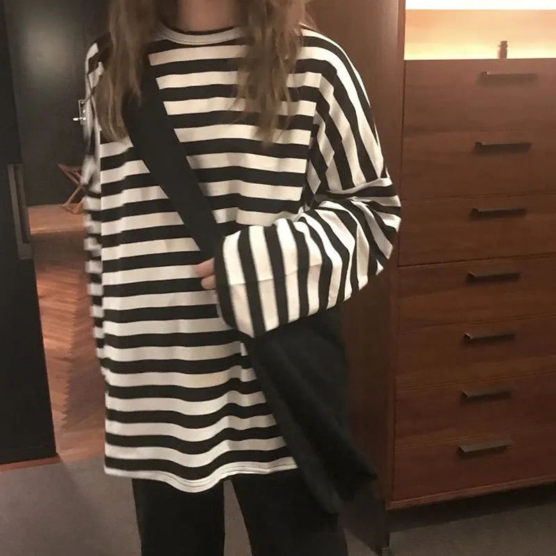 spring Autumn Women harajuku Striped Tshirt Long Sleeve O-Neck T-Shirts Korean Casual oversized T Shirt Femme black Tops