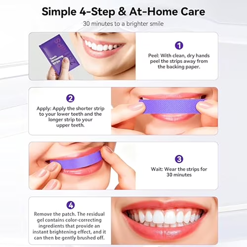 Purple Teeth Whitening Strips—gentle, daily-use whitening strips that reduce surface stains and impart a natural shine; portable and enamel-safe, suitable for use at home or on the go.