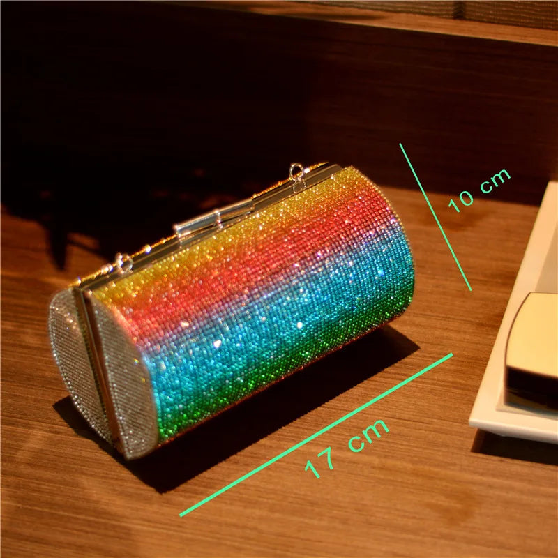 Rainbow Rhinestone Purse Evening Bags for Women Luxury Party Handbag for Wedding Clutch Bag Diamond Cylinder Shoulder Bag