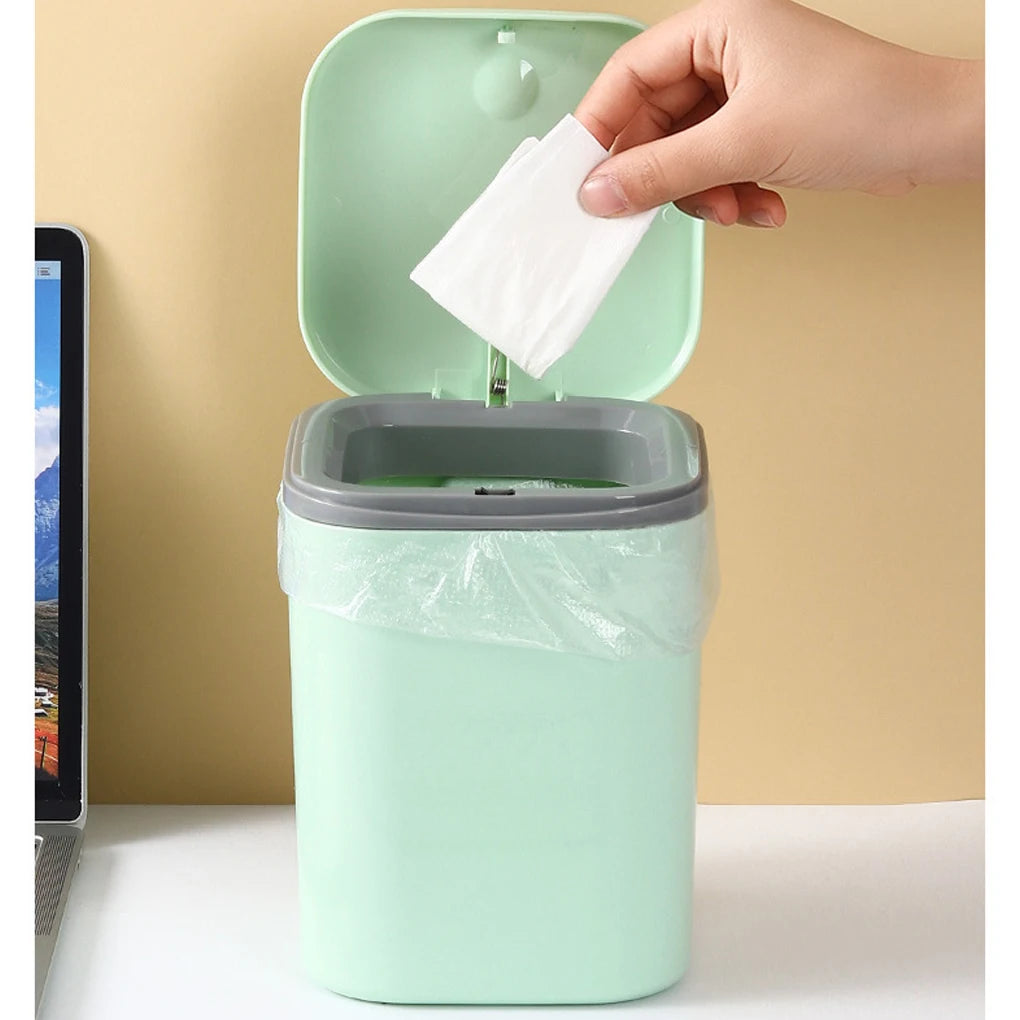 PP Trash Garbage Can Solid Color Odorless Round Corner Button Switch Home Office Desktop Dust Bin with Lid Pink