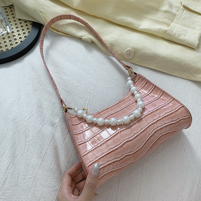 Armpit Bag Women Retro Handbag PU Leather Underarm Shoulder Bag Fashion Pearl Top Handle Bag Female Small Subaxillary Bag Clutch