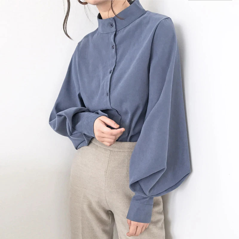 Big Lantern Sleeve Blouse Women Autumn Winter Single Breasted Stand Collar Shirts Office Work Blouse Solid Vintage Blouse Shirts