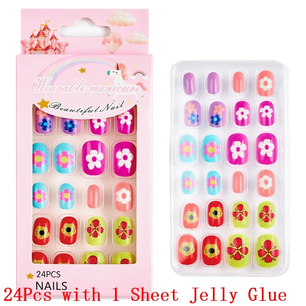 12pcs/Box Children Acrylic Fake Nails Safe Non-Toxic Adhesive Fake Nail DIY Artificial Fingernails for Girls Children's Day Gift