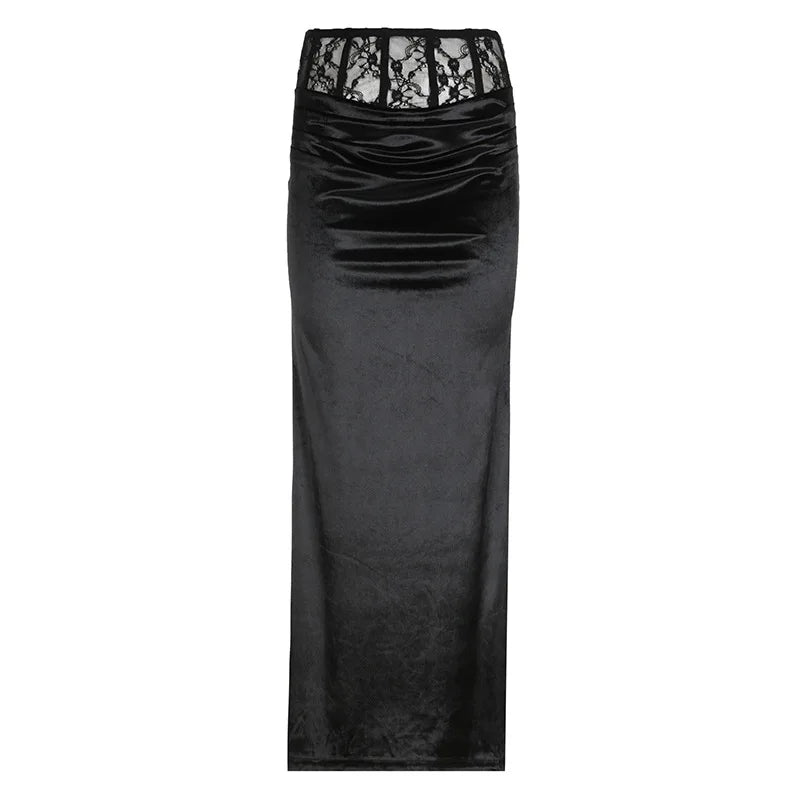 Goth Dark Elegant Mall Gothic Velvet Trumpet Skirts Y2k Partywear Lace Patchwork Sexy Long Skirt Ladies Evening Black Slim Cloth