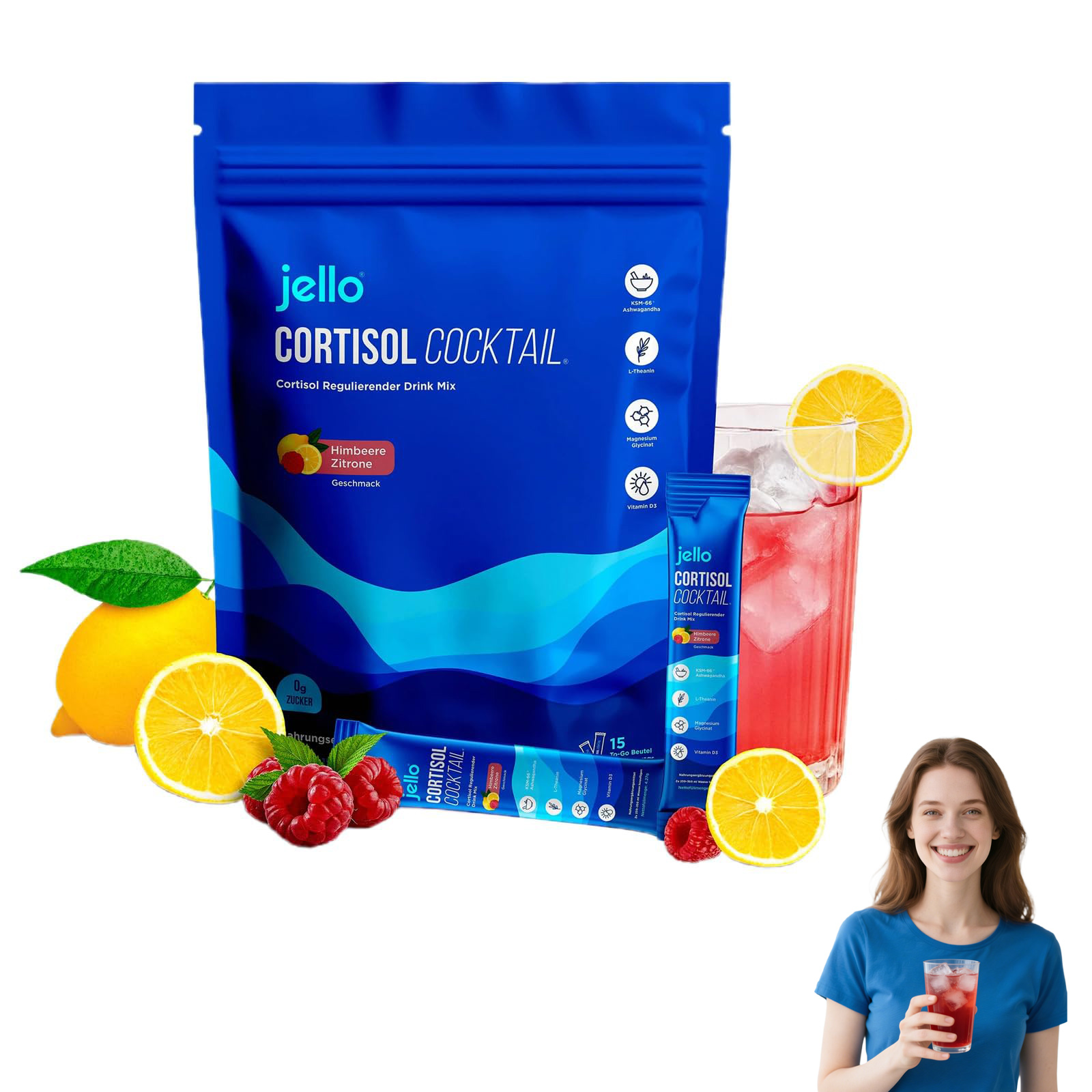 Jello Cortisol Cocktail Pulver, 20 Stück New Super Cortisol, Natürliche Supercalm cortisol pulver für Cortisol Senken, Konzentration Steigern, Entspannt Bleiben & Stress Natürlich Reduzieren