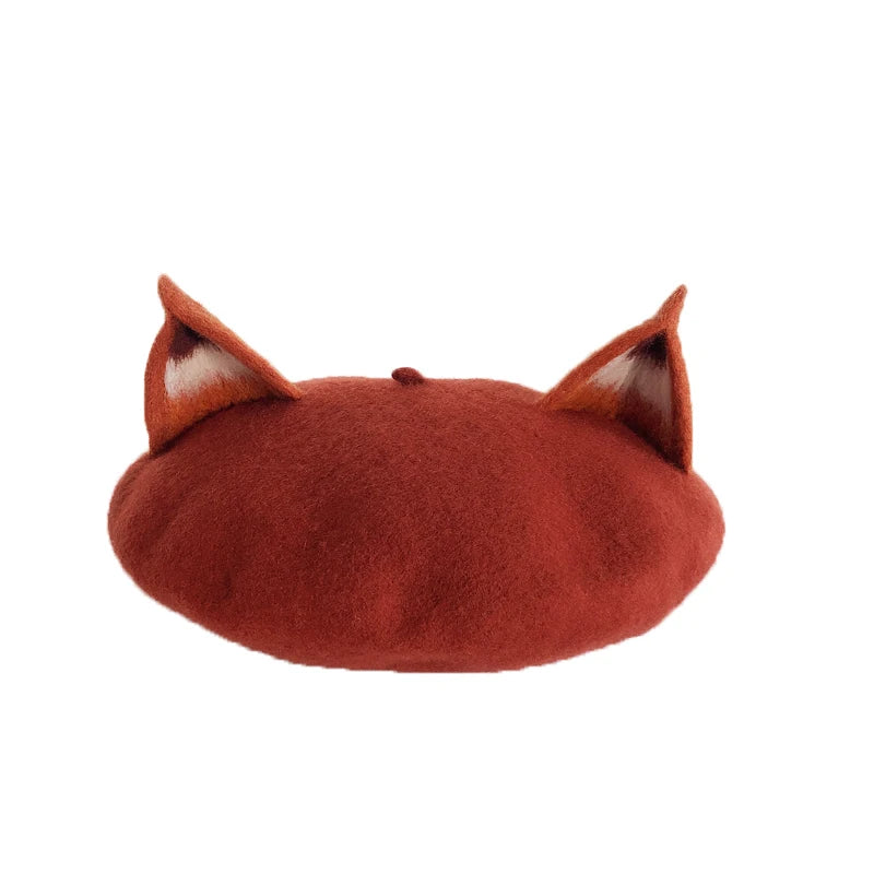 Women Winter Nick Fox Ear Beret Handmade Adult Size Hat Vintage Painter Wool Cap Gift High Quality Wholesale