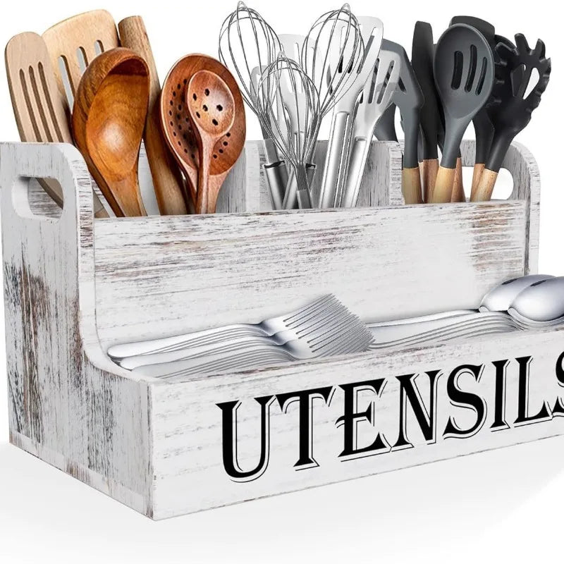 Rural White Wooden Cutlery Storage Box, Kitchen Countertop Cooking Utensil Seasoning Storage Box  Kitchen Storage Container