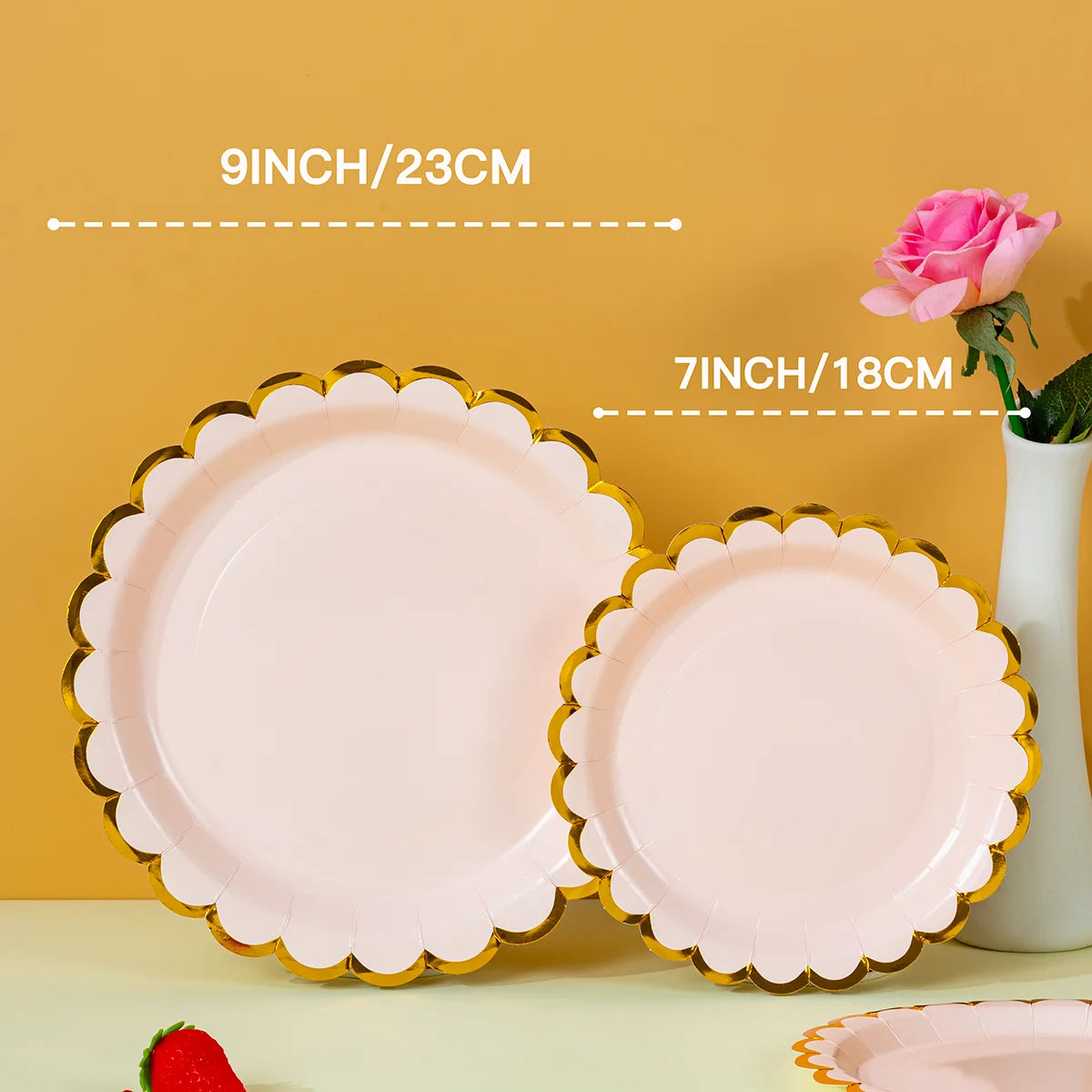 Disposable Paper Plates Pink Gold Scalloped Edge Round Plates for Wedding Birthday Party Tableware