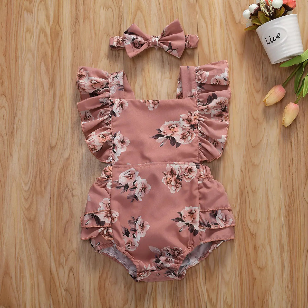 2020 Baby Summer Clothing Infant Newborn Baby Girl Floral Romper Sleeveless Ruffled Jumpsuits With Headband