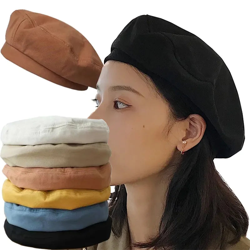 Cotton Women Berets Winter Hats Vintage French Plaid Top Military Cap Painter Hat 2021 Autumn Street Girls Octagonal Beret Caps