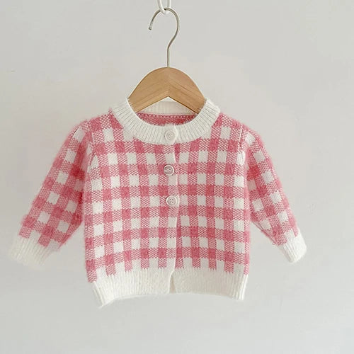 Autumn Spring Newborn Baby Girls Knitting Clothing Set Plaid Long Sleeve  Cardigan Coat+Sleeveless Rompers Children Clothes Suit