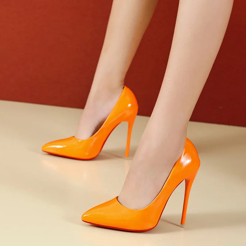 2023 Spring Super High 12cm Stiletto Heels Pumps Women Shoes Pointed Toe Florescence Patent Leather Office Thin Heel