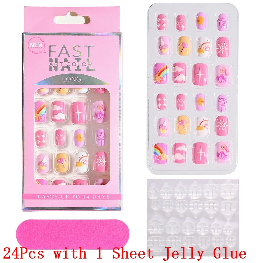 12pcs/Box Children Acrylic Fake Nails Safe Non-Toxic Adhesive Fake Nail DIY Artificial Fingernails for Girls Children's Day Gift