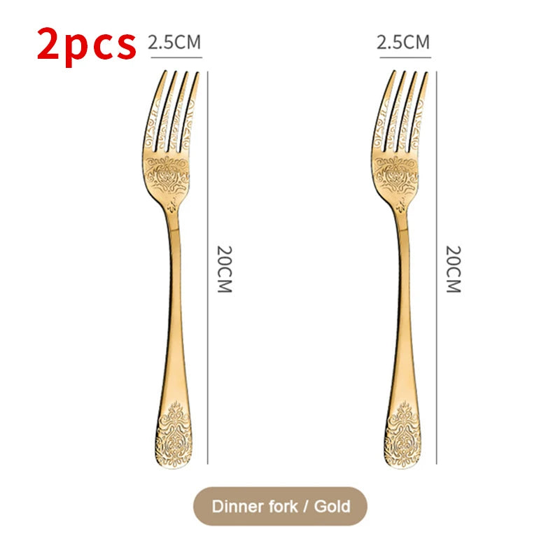 &Gold Luxury Cutlery Sets Fork Spoons Knife Silverware Kit Vintage Carved Tableware Set European Dinnerware For Home Kitchen