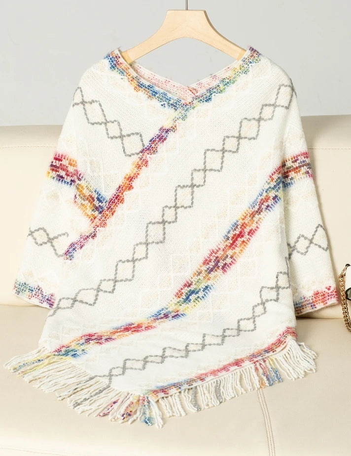 Elegant Women's Cloak Sweater Rainbow Stripe Tassel Knitted Cotton Shawl Versatile Scarf Urban Women's Autumn Warm Travel Shawl