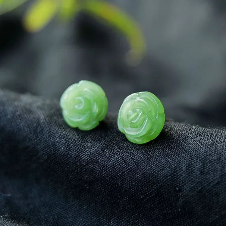 925 Silver Natural Green Jade Rose Earrings Bead Charm Jewellery Fashion Accessories Hand-Carved Man Woman Amulet Gifts