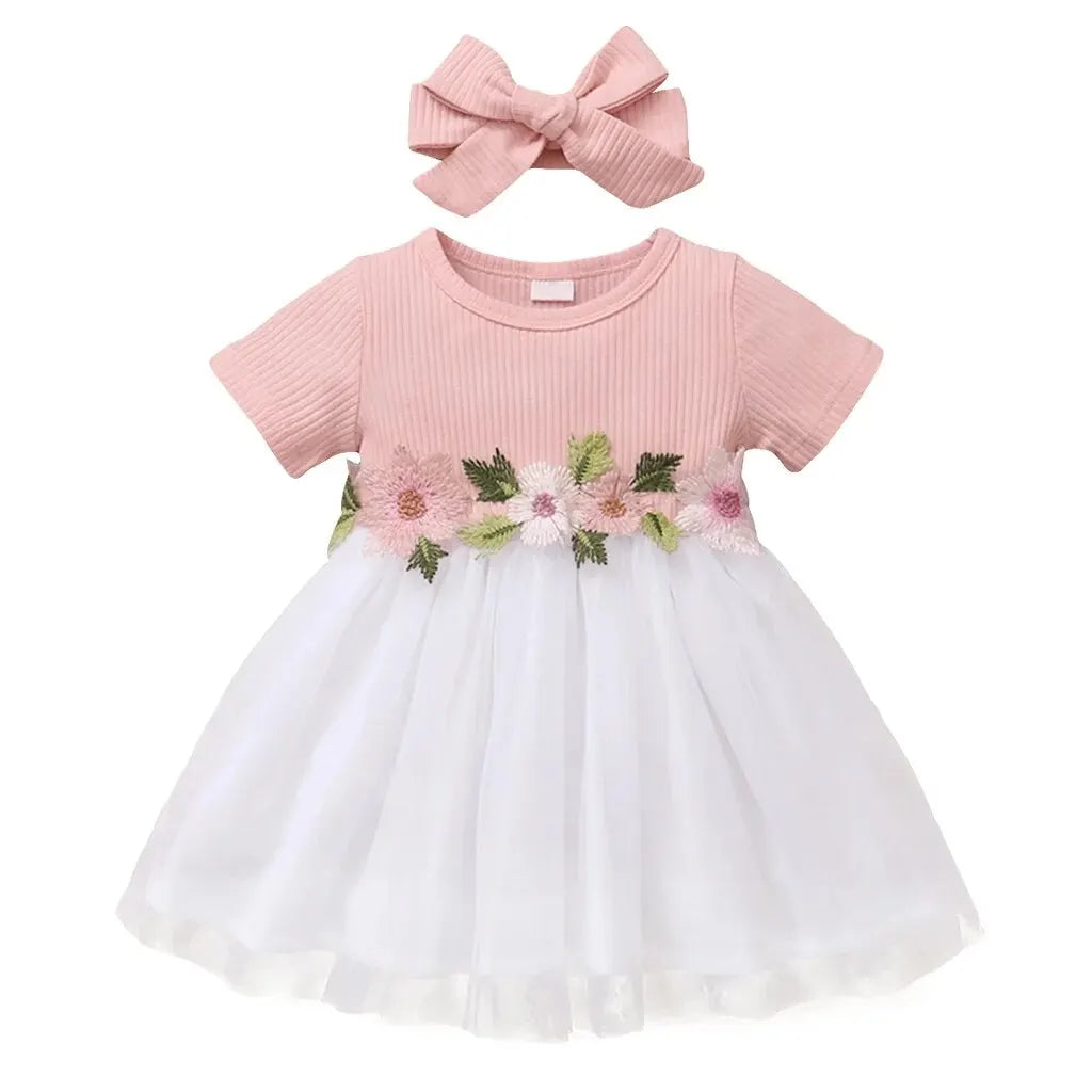 1-3 Years Newborn Baby Girl Princess Dress Embroideried Flowers Short Sleeve Fashion Tulle Skirt Summer Dress for Toddler Girl