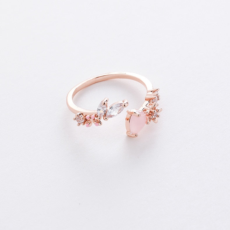 New Exquisite Crystal Temperament Ring Sweet French Elegant Flower Opening Ring Female Jewelry