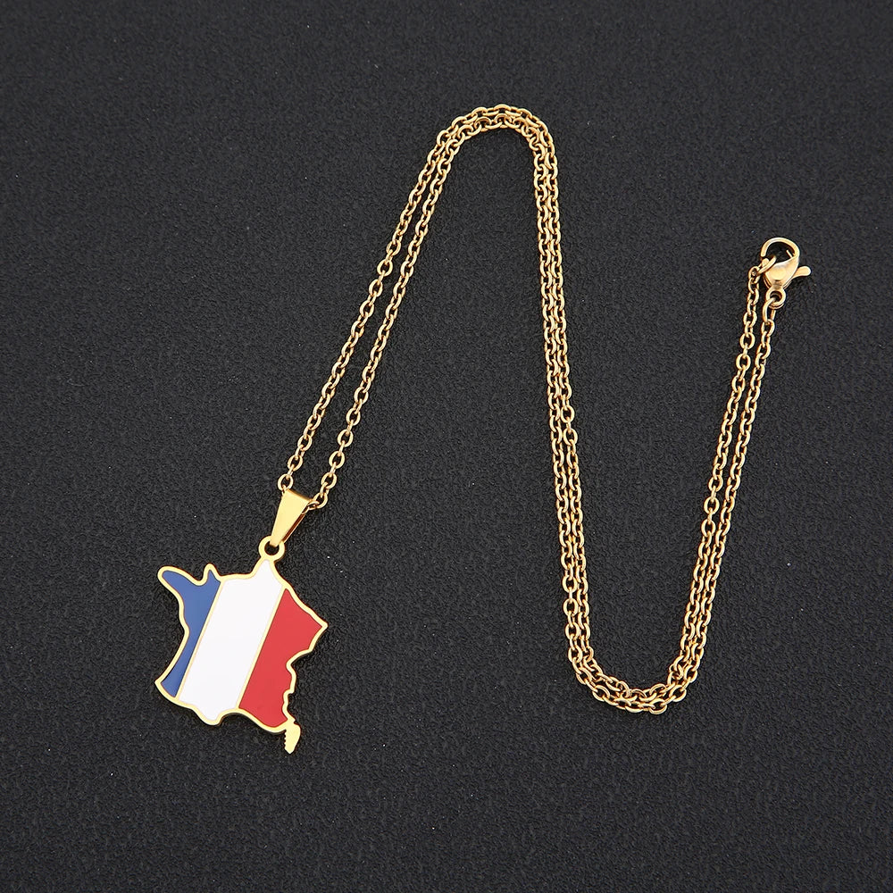 New France Map Flag Pendant Necklace Stainless Steel For Women Men Gold Silver Color Charm Fashion French Jewelry Gifts