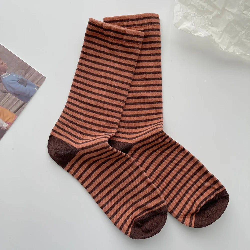 Retro Striped Socks Children's Women Medium Tube Socks Spring and Autumn Cotton Stockings Korean Stockings Japanese Socken