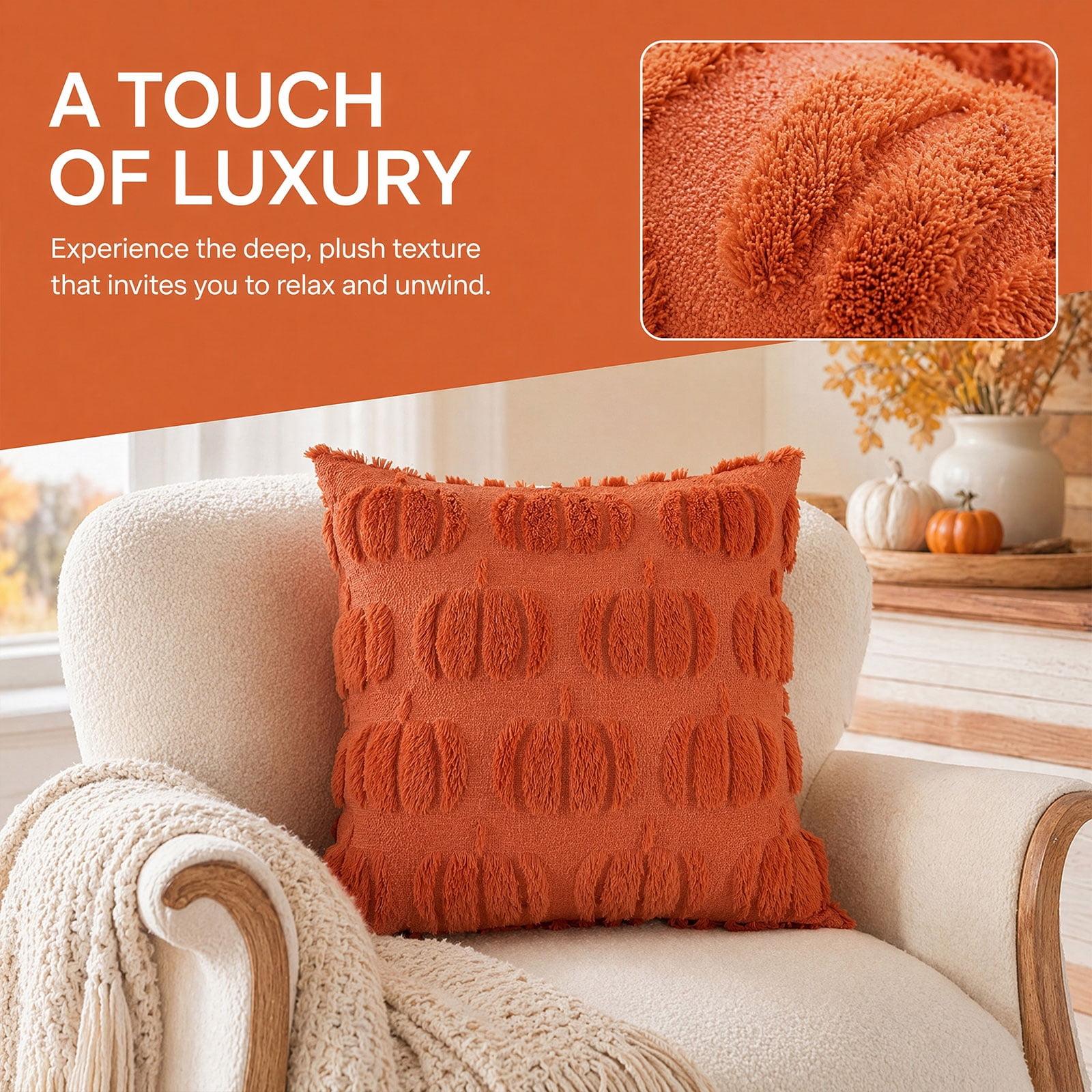 Halloween Throw Pillow Covers 18x18, Fall Decor Autumn Pumpkin Pillow, Soft Plush Faux Fur Cushion Cases for Couch Sofa Chair Caramel