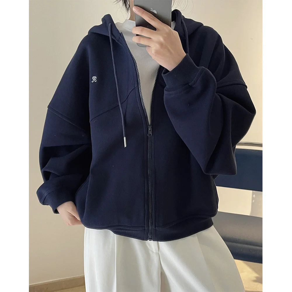 Casual Sporty Letter Hoodie Zipper Cardigan Loose Coat Top Women