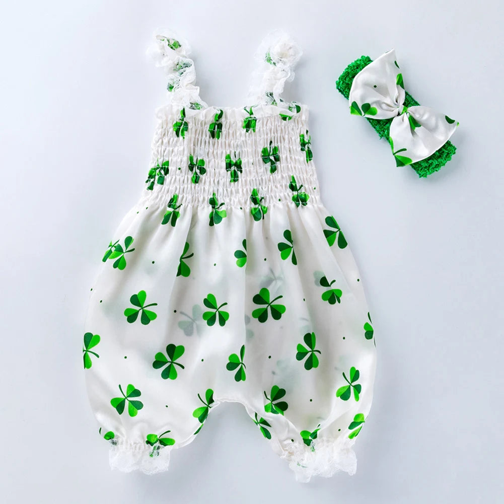 2021 Baby Summer Clothing Girl 2Pcs Clover Printed Romper Set, Sleeveless Bubble Trousers Suspender Bodysuit with Headband