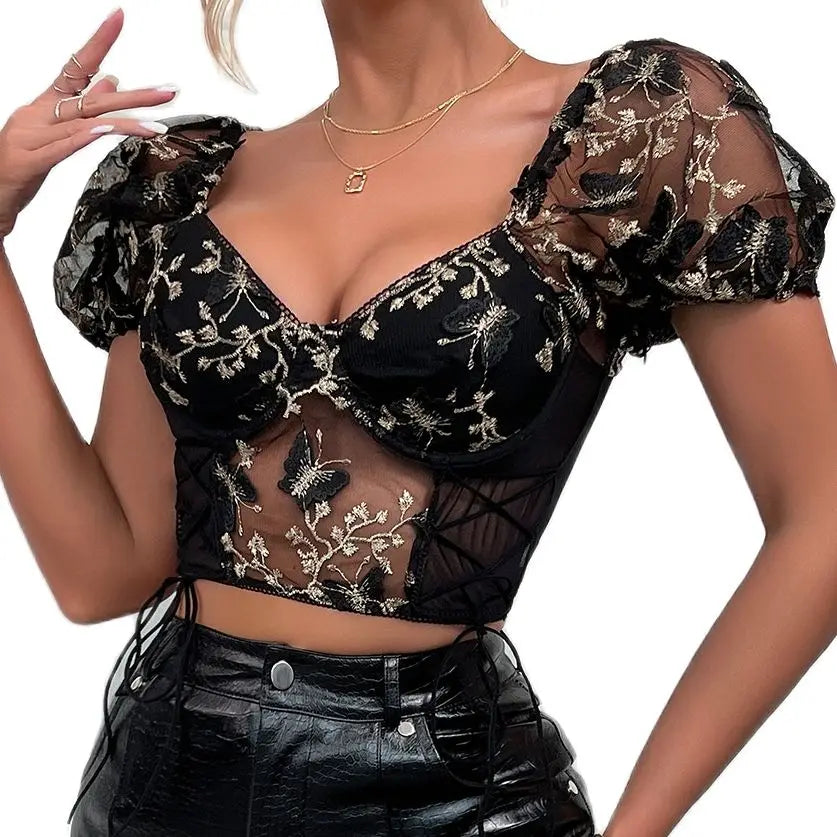 Bufferfly Embroidery Puff Sleeve Top Women V Neck Summer Backless Short Sleeve Sexy Cropped Top Blouse