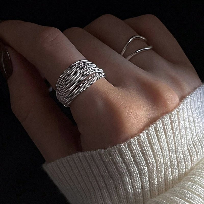 Sterling Silver Unique Lines Ring For Women Jewelry Finger Adjustable Open Vintage Ring For Party Birthday Gift