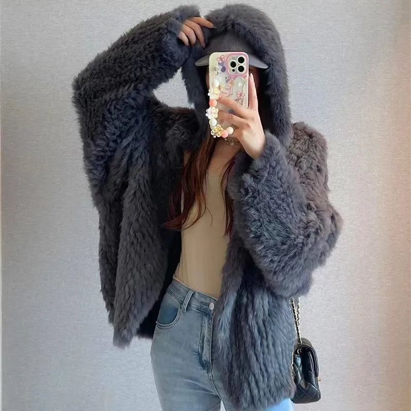 Autumn Winter Women 100% Natural Real Rabbit Thick Fur Coat Fur Warm Jacket Loose Knited Quality Luxury Hooded Full Sleeves