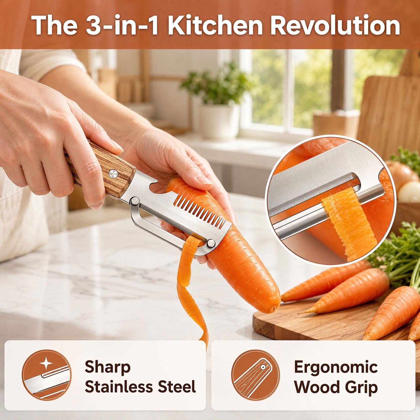 Multi-Functional Vegetable Peeler, Stainless Steel Blade with Wooden Handle, 3-in-1 Fruit Peeler with Bottle Opener & Grater, Kitchen Tool