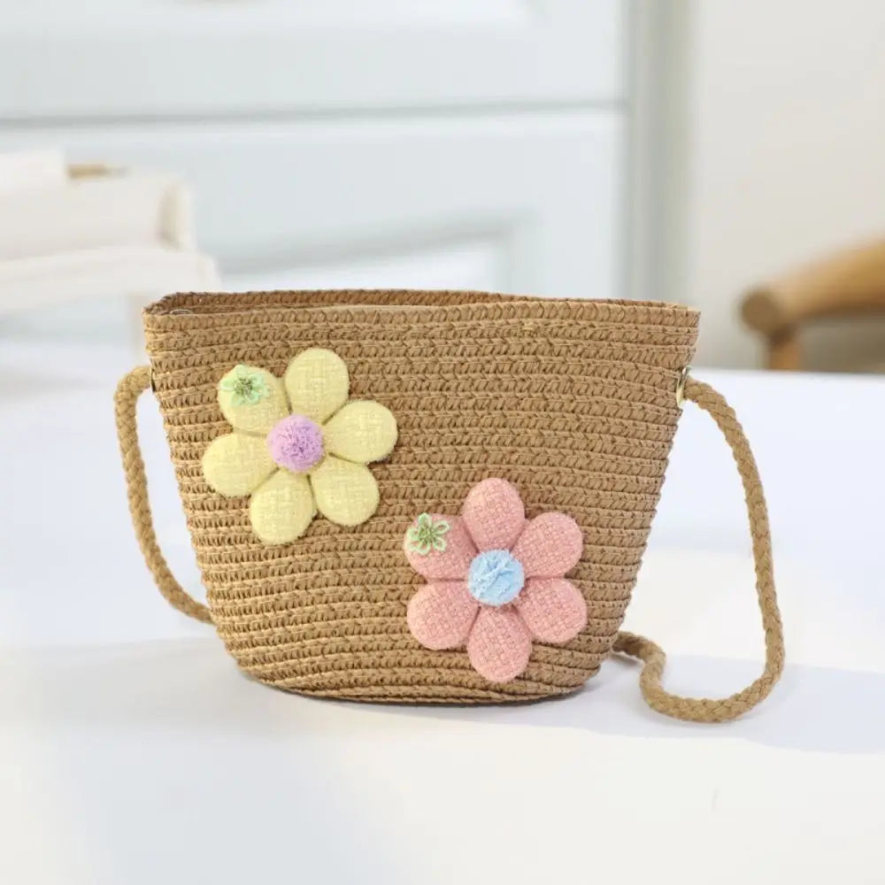 Girl Zipper Flower Straw Bag Cute Photo Props Handmade Woven Kid Messenger Bags Storage Basket Coin Purse Crossbody Handbag