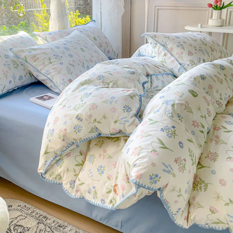 Pastoral Girls Flower Bedding Sets, Washed Cotton Bed Linens, Soft Quilt Cover Sheet Set, Simple Bedspread, Home Textiles