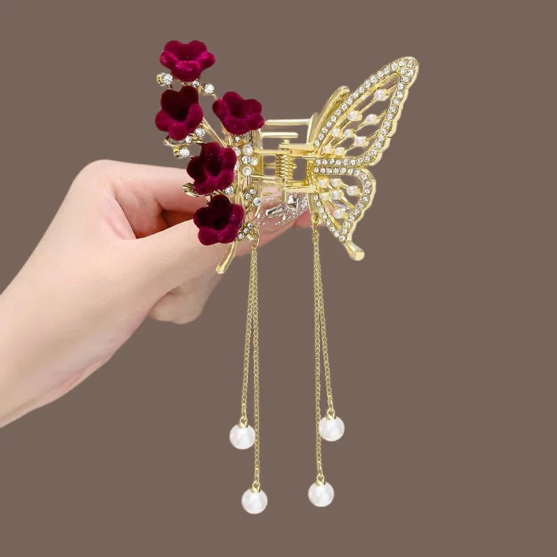 Exquisite Rhinestone Butterfly Fringe Hair Claw Clips Korean New Ponytail Braid Pearl Hairpin Girl Crab Metal Headdress Gift