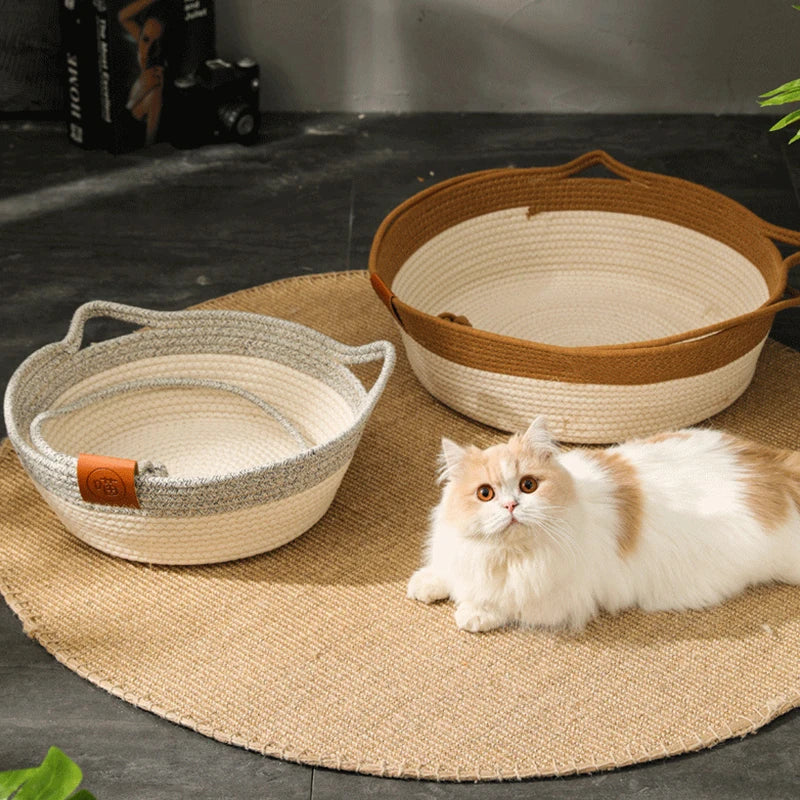 Kimpets Cat Bed Pet Nest Pure Manual Rattan Woven Cattailgrass Cat Scratch Board Removable Washable Winter Warm Pad All-Season