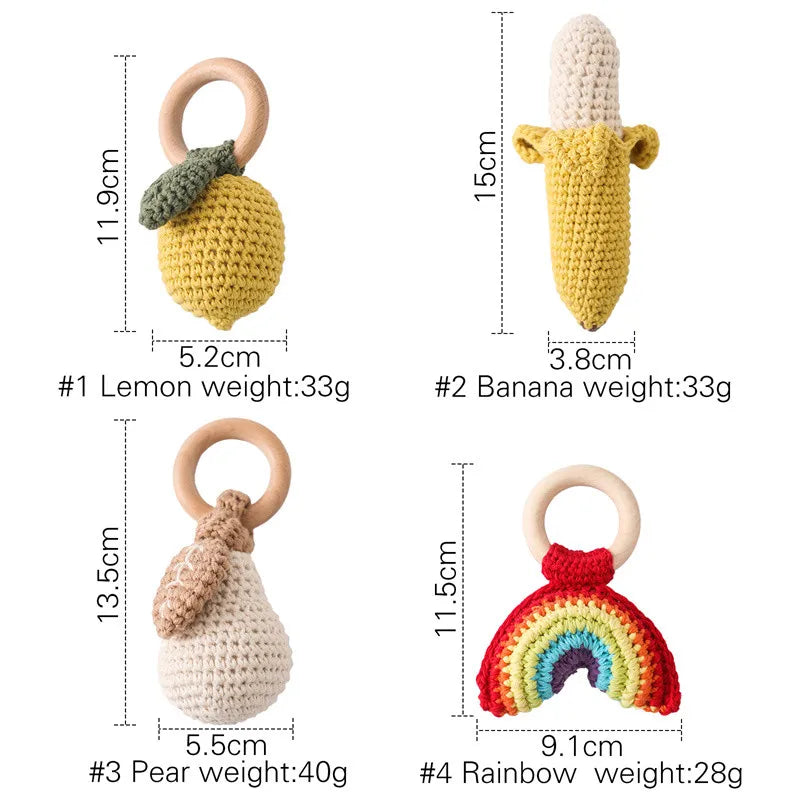 1PC Baby Ratter Toys Wooden Fruit Crochet Ringing Teether BPA Free Lemon Rainbow Rings Newborn Montessori Teether Kid Toys Gifts