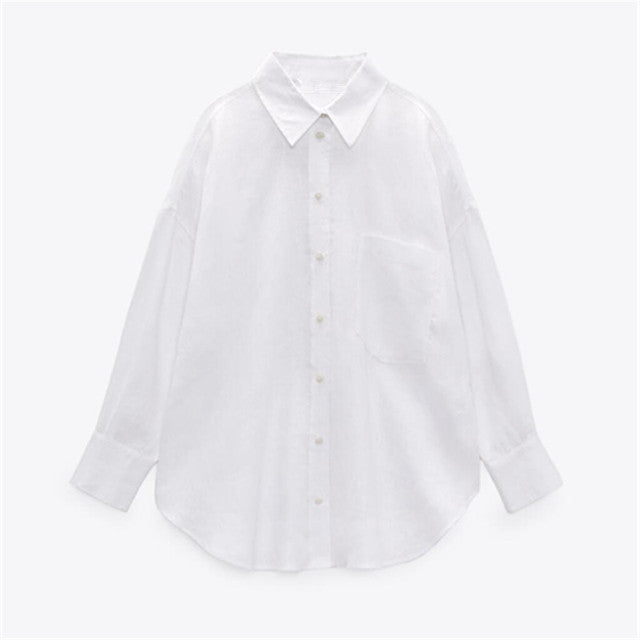 PB&ZASpring 2022 Women's Versatile Long Sleeve Lapel Front Patch Pockets Side Slit Hem Buttoned Closure Linen Shirt