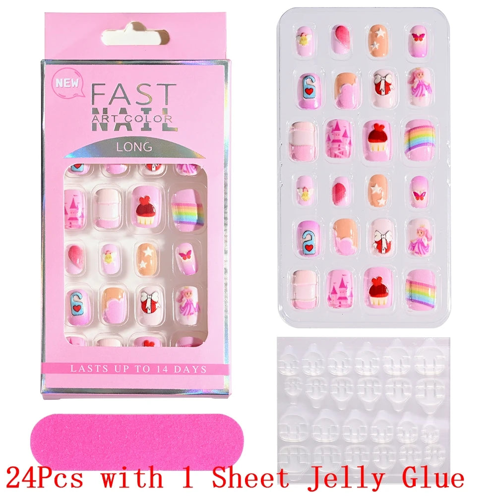 12pcs/Box Children Acrylic Fake Nails Safe Non-Toxic Adhesive Fake Nail DIY Artificial Fingernails for Girls Children's Day Gift