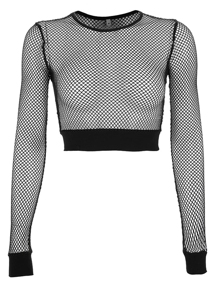 Sexy Mesh Crop Tops Tee Shirt Femme Hollow Out Black Tshirt Women See Trough Long Sleeve Streetwear Fishnet T Shirt