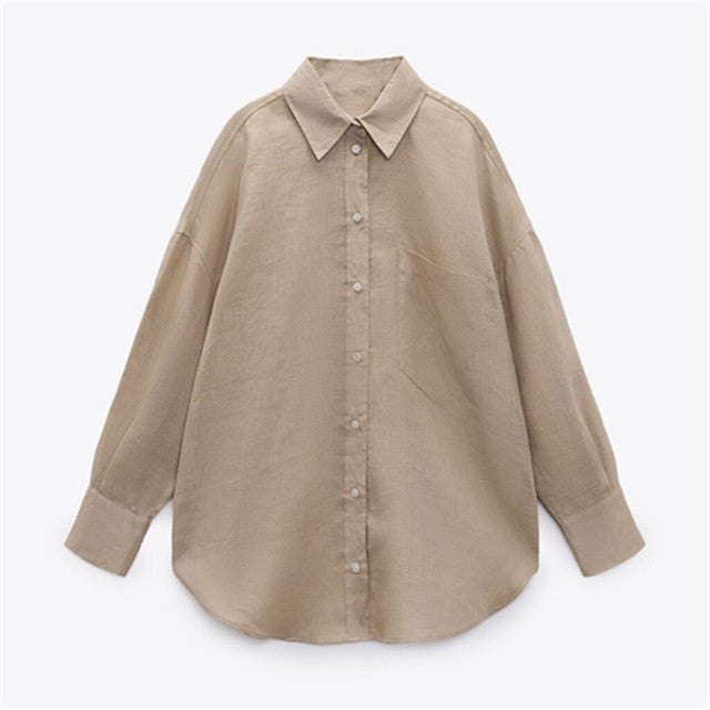 PB&ZASpring 2022 Women's Versatile Long Sleeve Lapel Front Patch Pockets Side Slit Hem Buttoned Closure Linen Shirt