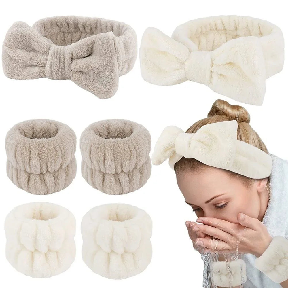 Face Wash Hair Band New Bow Three-Piece Set Water-Absorbent Waterproof And Moisture-Proof Hair Band Plush Wrist Strap