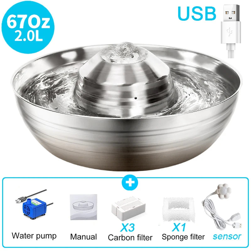 Dog Cat Water Fountain Stainless Steel Pet Drinking Fountain for Cats Small Dogs 2L Ultra-Quiet Automatic Fountains Dog Drinker