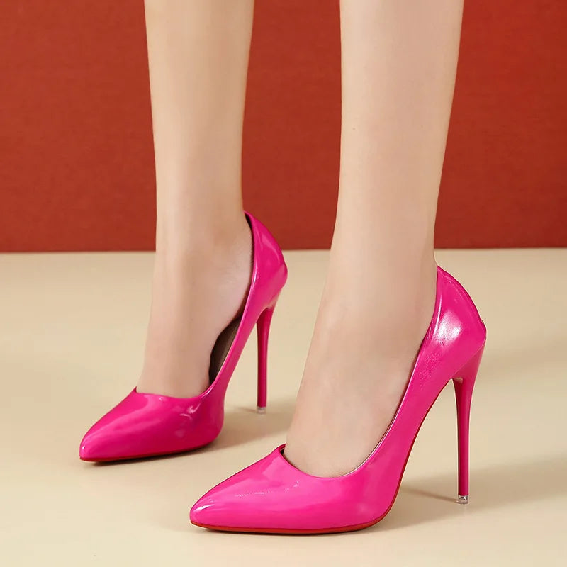 2023 Spring Super High 12cm Stiletto Heels Pumps Women Shoes Pointed Toe Florescence Patent Leather Office Thin Heel